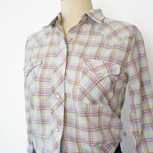 Plaid Poly Blend Western Shirt with Pearly Snaps, Size S/M